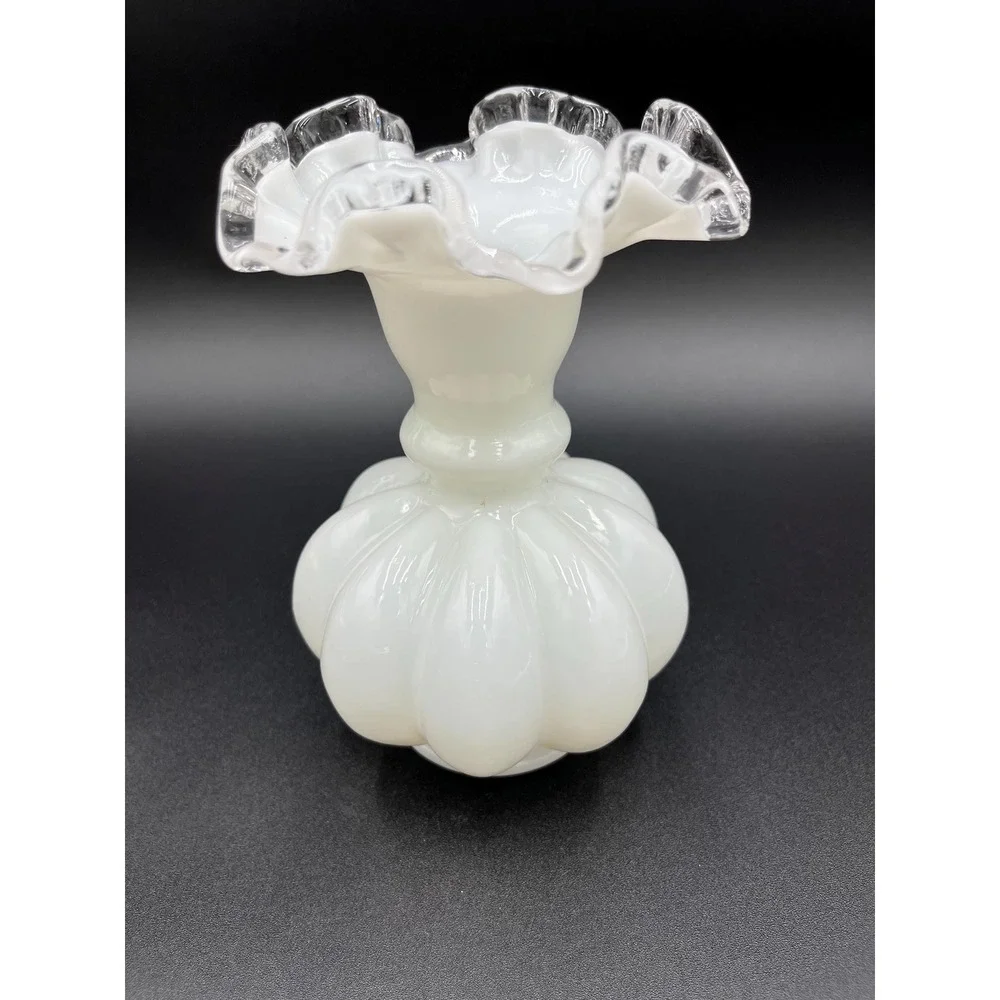 Fenton Silver Crest Milk Glass Melon Vase: Crimped Edge Flower Vase